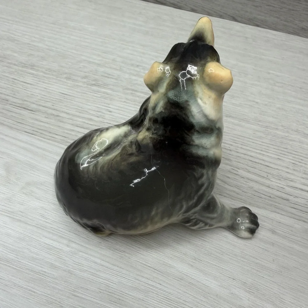 Porcelain Dog Figurine Collie Puppy Gray Black Tan Glazed Marked Base 3inch